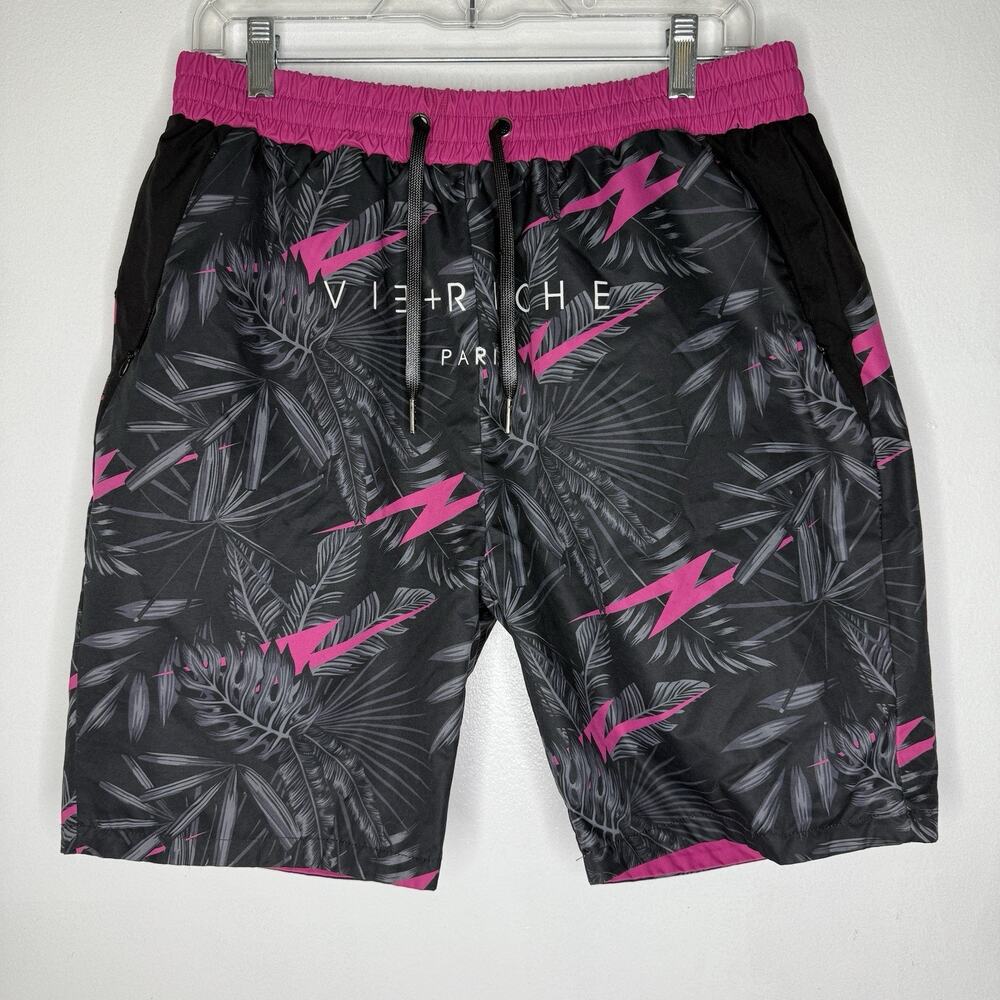 Vie + Riche Shorts Size M Tropical Palm Print Pink Lightning Streetwear Swim